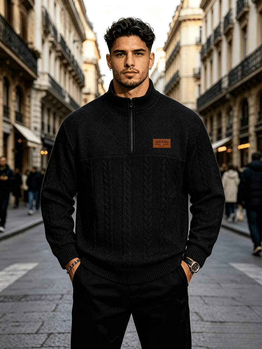 Whale Crossing OBM Men's Spring, Autumn, Winter Classic Fashion Italian Milanese Label Knitted Cable Knit Stand Collar Sweatshirt - Black