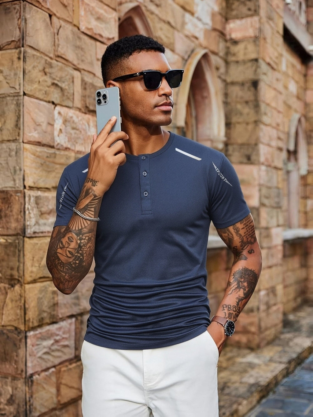 Men's Solid Color Henry Shirt, Breathable Basic T-shirt, Regular Button up Henry Collar Top, Retro Style Pullover, a Great Gift for Daily Commuting Wear. - Navy Color