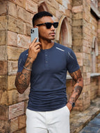 Men's Solid Color Henry Shirt, Breathable Basic T-shirt, Regular Button up Henry Collar Top, Retro Style Pullover, a Great Gift for Daily Commuting Wear. - Navy Color