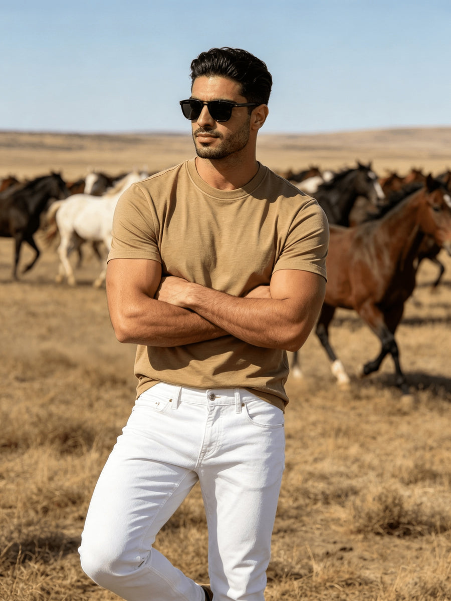 Fashion Athletic Men'S T-Shirt, Spring Summer New Style, Casual Versatile, Comfortable Breathable Lightweight, Trendy Slim Fit, Soft Skin-Friendly Fabric, Individual Premium - Khaki