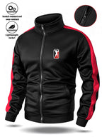 Spring/Autumn Men'S Stand-Up Collar Zip-Up Casual Jacket, Contrast Striped Sleeve Design Adds Layering, Chest Athletic Figure Print Easy And Energetic. Fabric Is Soft And Flowing, Non-Stuffy, Fit Various Body Types, Suitable for Sports, Commuting - Black And Red