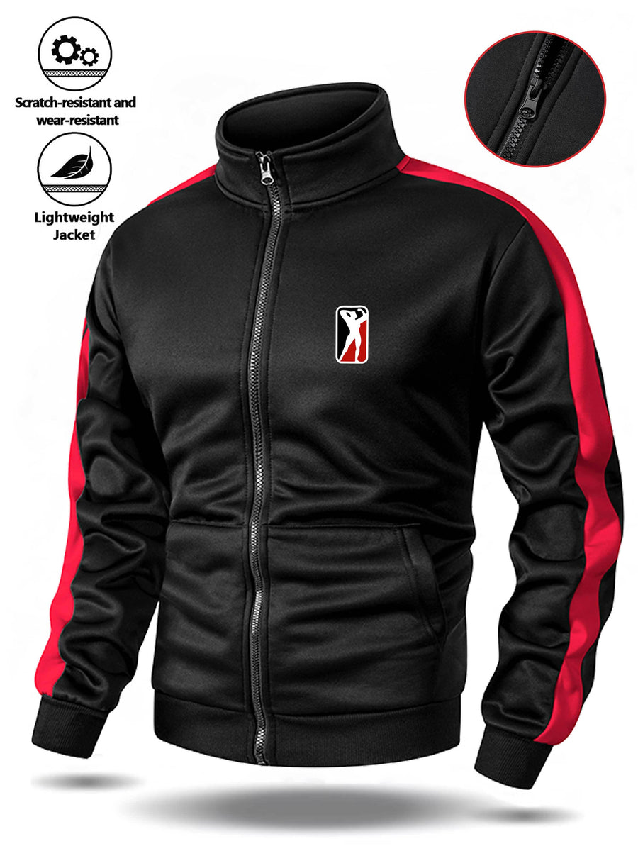 Spring/Autumn Men'S Stand-Up Collar Zip-Up Casual Jacket, Contrast Striped Sleeve Design Adds Layering, Chest Athletic Figure Print Easy And Energetic. Fabric Is Soft And Flowing, Non-Stuffy, Fit Various Body Types, Suitable for Sports, Commuting - Black And Red