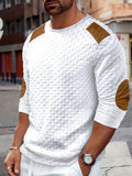 Men'S Fashion Men'S Clothing Top T-Shirt, Autumn Winter Outdoor Casual Textured Small Check Round Neck Contrast Color Patchwork Long Sleeve Men'S Henley Shirt - White