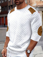 Men'S Fashion Men'S Clothing Top T-Shirt, Autumn Winter Outdoor Casual Textured Small Check Round Neck Contrast Color Patchwork Long Sleeve Men'S Henley Shirt - White