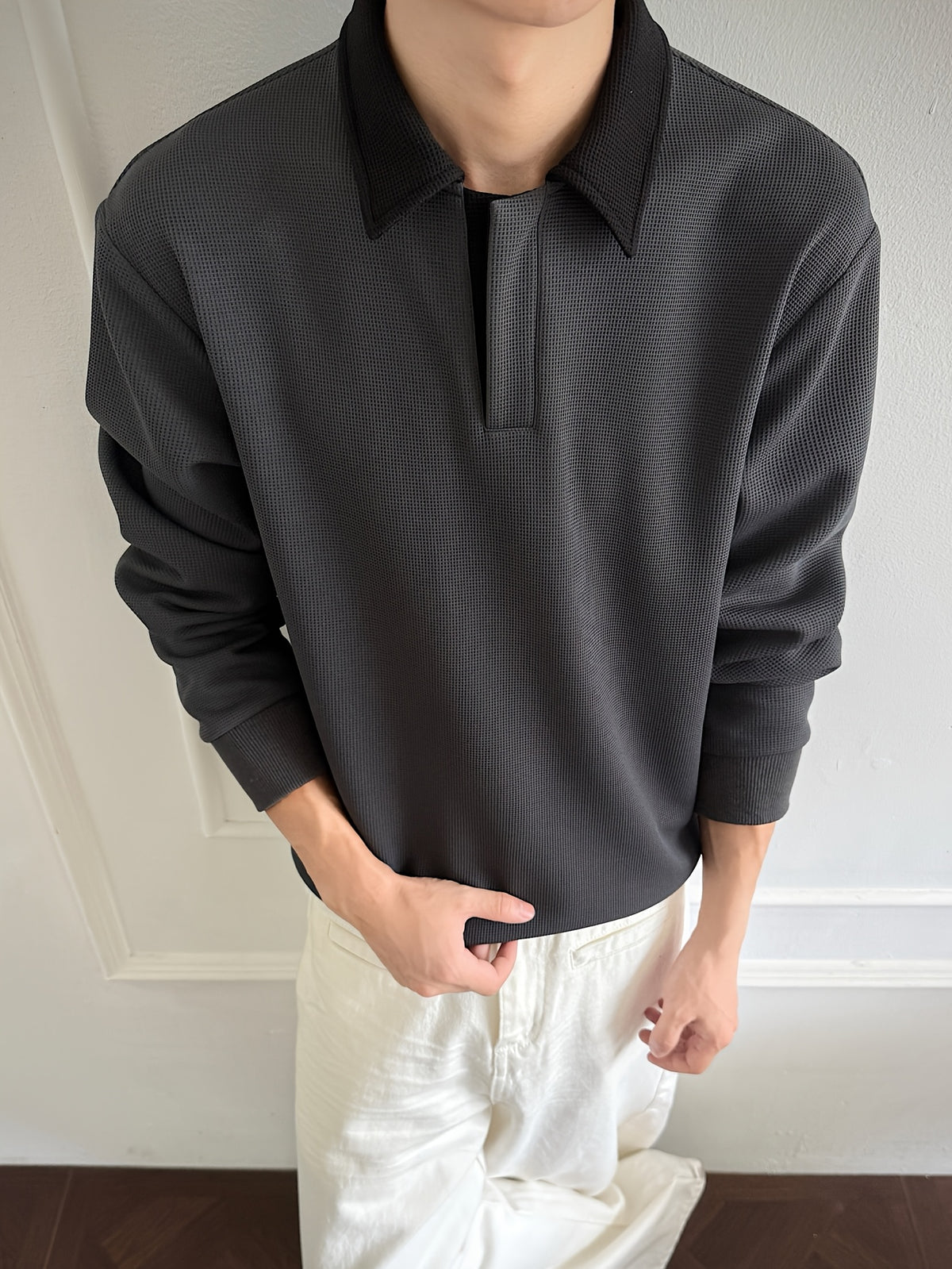 Polo Shirt, 1pc Men'S Fashion Trendy Casual Individual Color-Block Patchwork Collar Polo Shirt, Loose Fit, Comfortable Stretch Fabric, Suitable for Daily Casual Commuting Wear - Dark Gray
