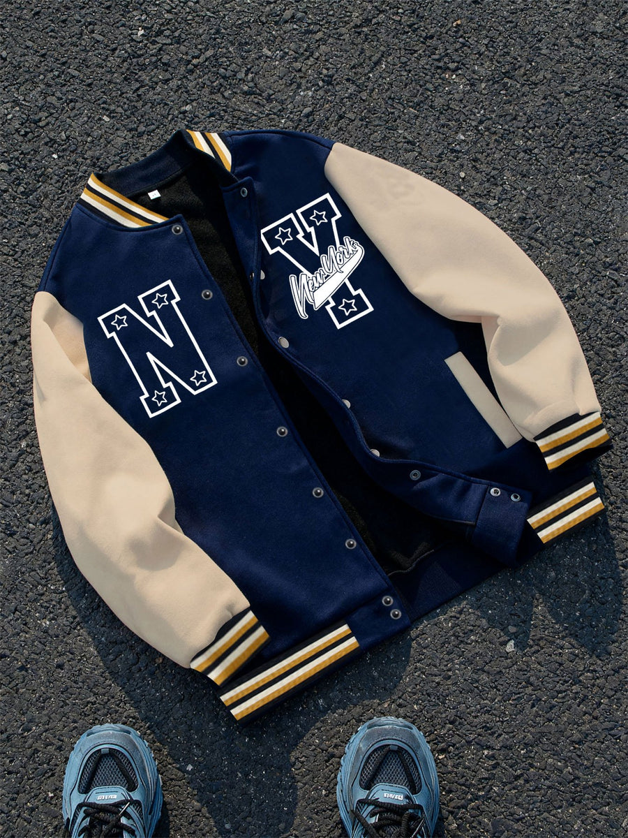 Black and Gray Color-block Baseball Jacket Featuring a "NY" Logo, a Classic Symbol of New York City Culture, Paired with Star Embellishments and the "Vandals" Text. "Vandals" Is Often Associated with Streetwear Style, Enhancing Individuality. - Tibetan White