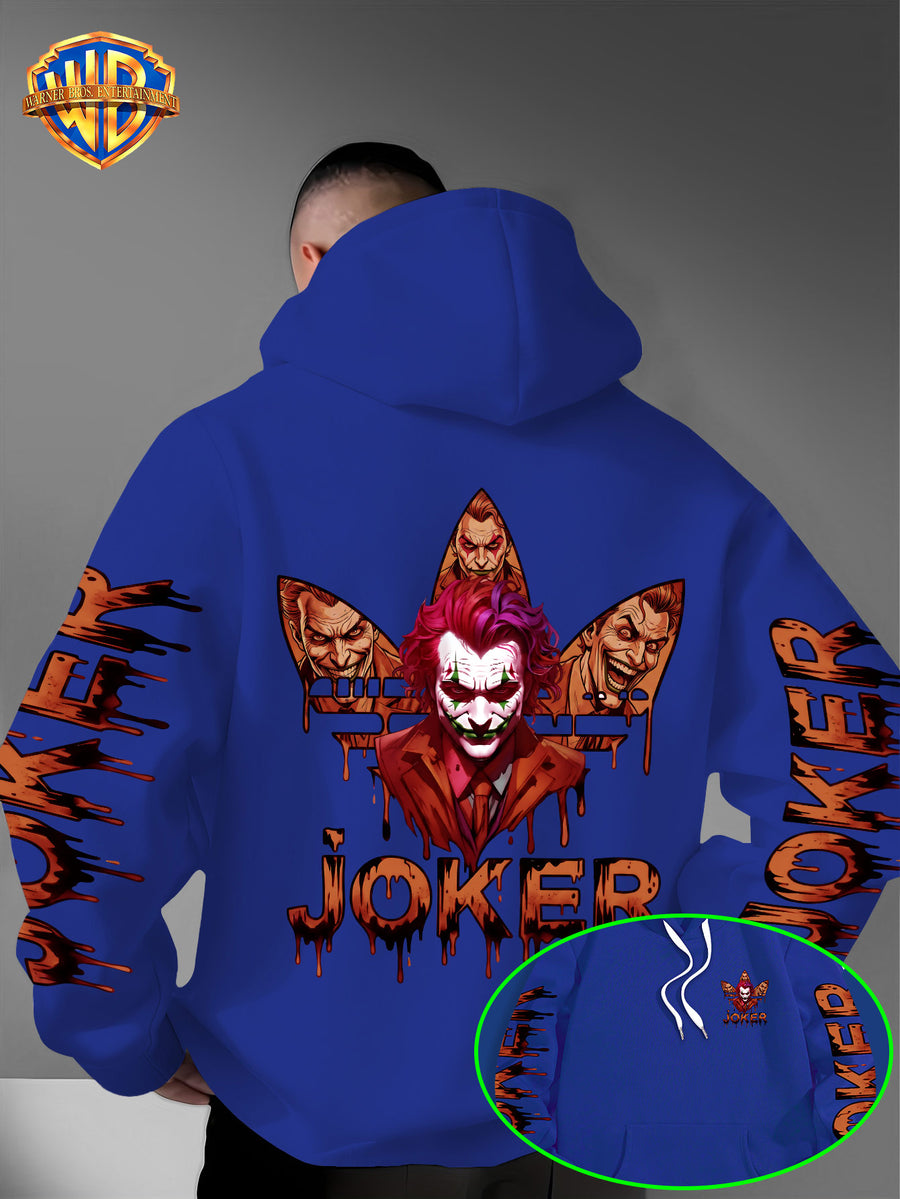 Warner Bros. Official DC Joker Multi-Character Avatar Brown-Toned Fluid Drip Graffiti Men's Fashion Hooded Sweatshirt, Sleeve Print Design, Kangaroo Pocket, Drawstring Hood, Suitable for Daily Wear and Outdoor Sports, an Excellent Choice for Warmth - Blue