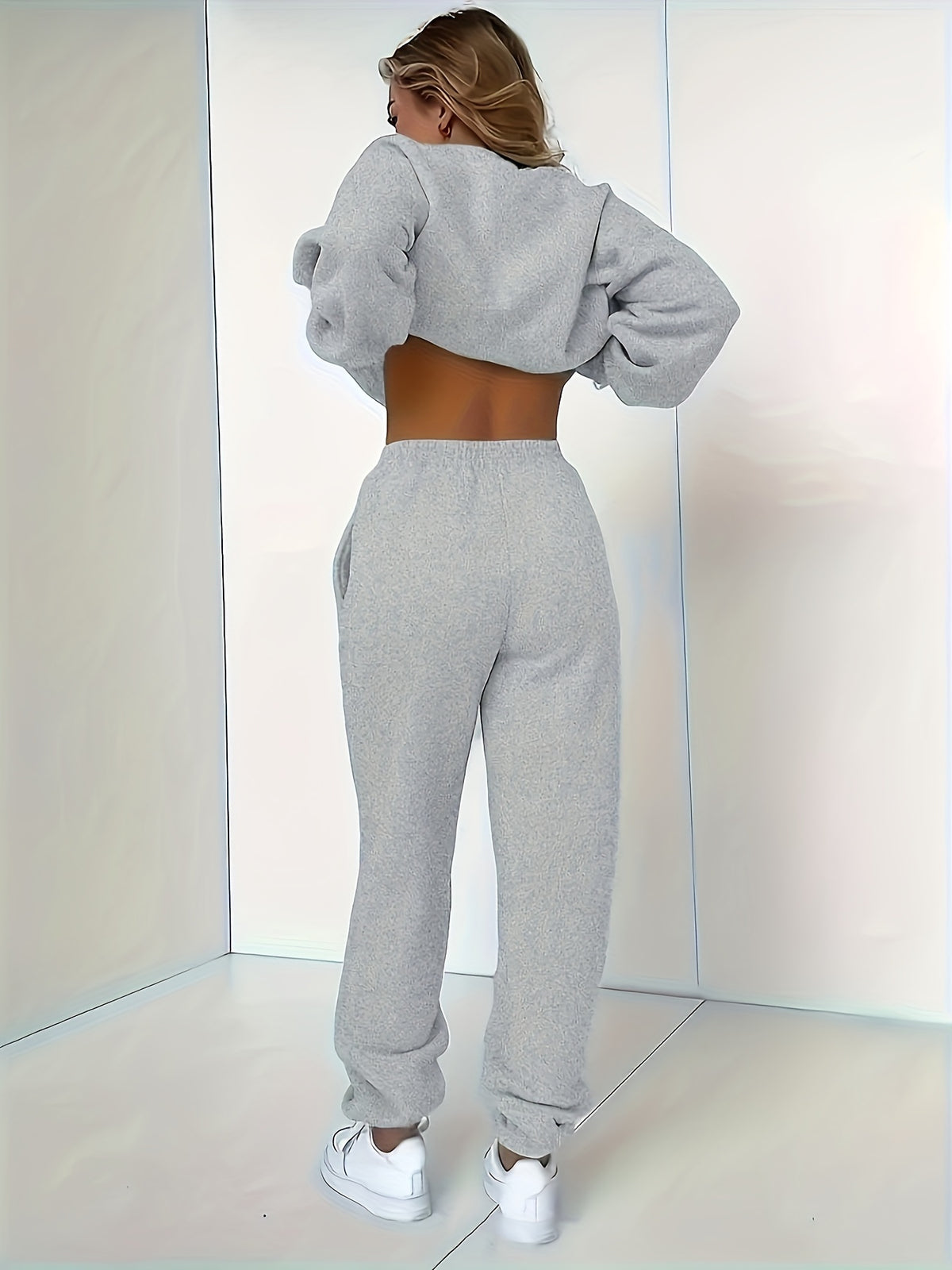 Letter Print, Women's Casual Round Neck Two-Piece Set - Light Grey