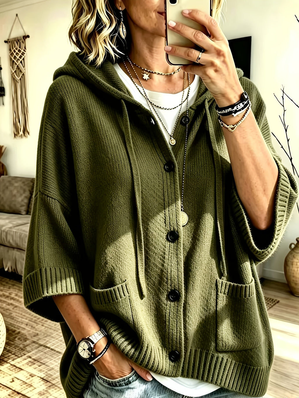 Elegant Casual Pocket Cardigan for Women - Olive Green