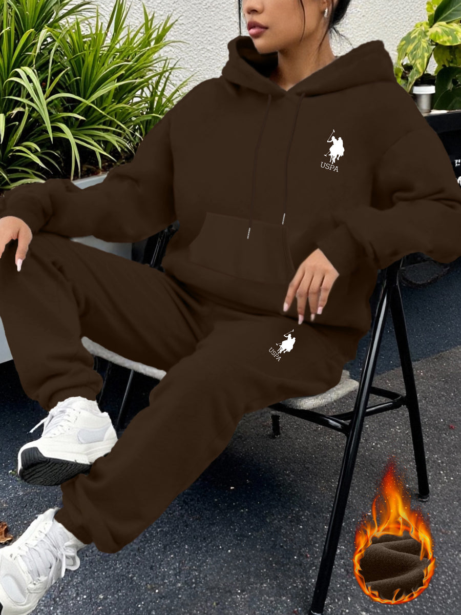 USPA Letter Pattern Printed Women'S Fleece Hoodie And Sweatpants Sports Set for Autumn And Winter. This Pullover Is Machine Washable, Featuring a Comfortable Top Made of Soft Fabric, Perfect for Everyday Wear. The Fleece Design Is Made of 100% - Coffee Brown