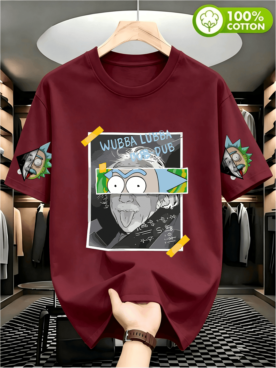 Warner Bros Official Rick Einstein Collage Print T-Shirt, Casual, Comfortable, Versatile, and Loose-Fitting Summer Tee, Suitable for Outdoor and Daily Wear, for Men and Women - Burgundy