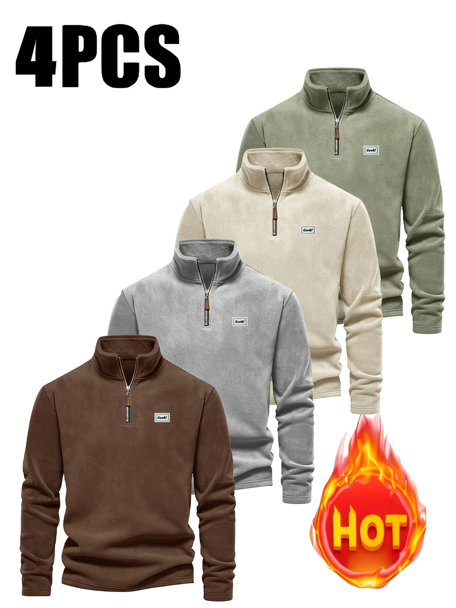 4pcs Men'S Fashionable Versatile Fleece | Casual Stand Collar, Solid Color, Regular Fit, Slight Stretch, Perfect for Fall/Winter - Mint Green+Red Brown+Apricot+Gray