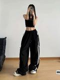 American-Style Women'S Pants with Two Side Stripes, Bow Tie Drawstring, Large Pockets, And Loose Fit for Casual Wear - Made of Black - Black