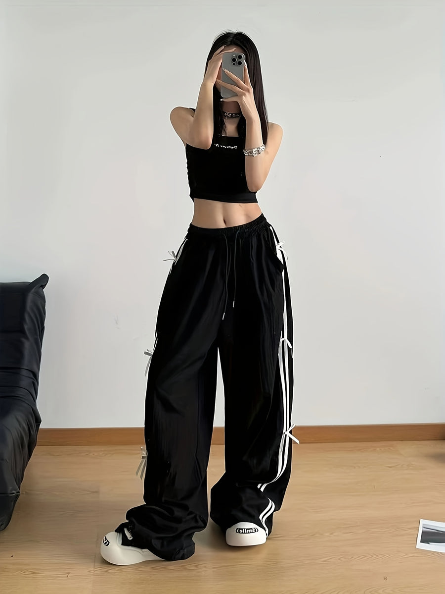American-Style Women'S Pants with Two Side Stripes, Bow Tie Drawstring, Large Pockets, And Loose Fit for Casual Wear - Made of Black - Black