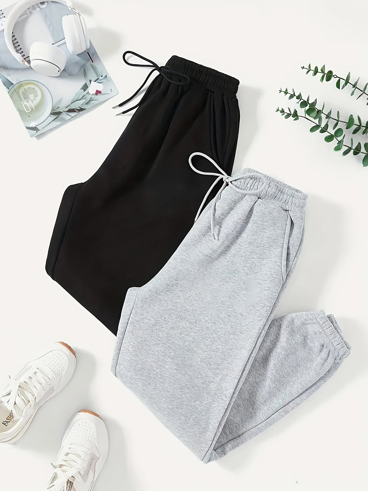 2 Women'S Street Solid Color Comfortable Loose Pants with Elastic Waist Drawstring Jogging Pants, Women'S Wear - Mixed colors