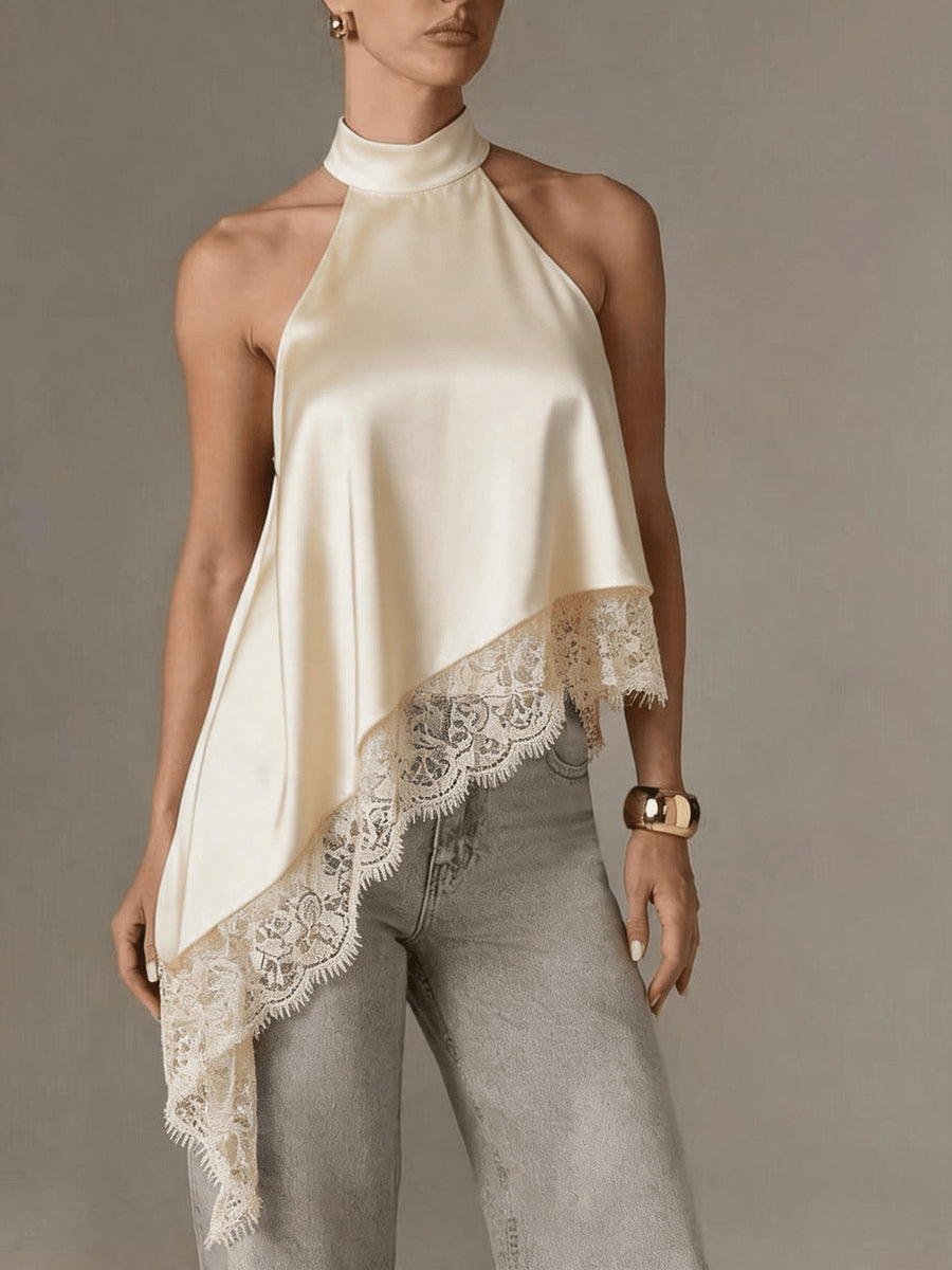 Directional Style Irregular Patchwork Lace Neckline Halter Elegant Temperament Top Halter Vest - Apricot