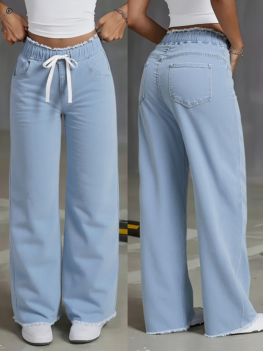 Women's Light Denim Casual Loose-Fit Elastic-Waist Jeans - Medium Blue