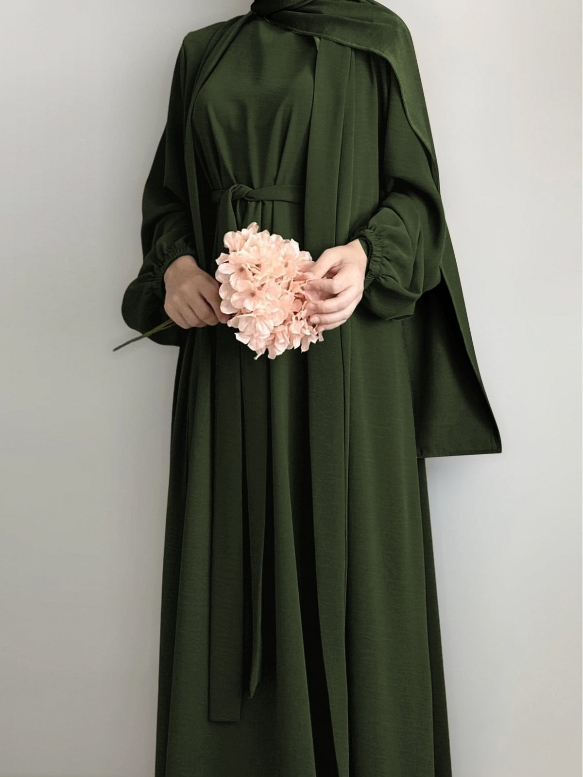 New Middle Eastern Dubai 3pcs Abaya Set - Women'S Traditional Belted Waist Dress with Cardigan And for Ramadan - Olive Green