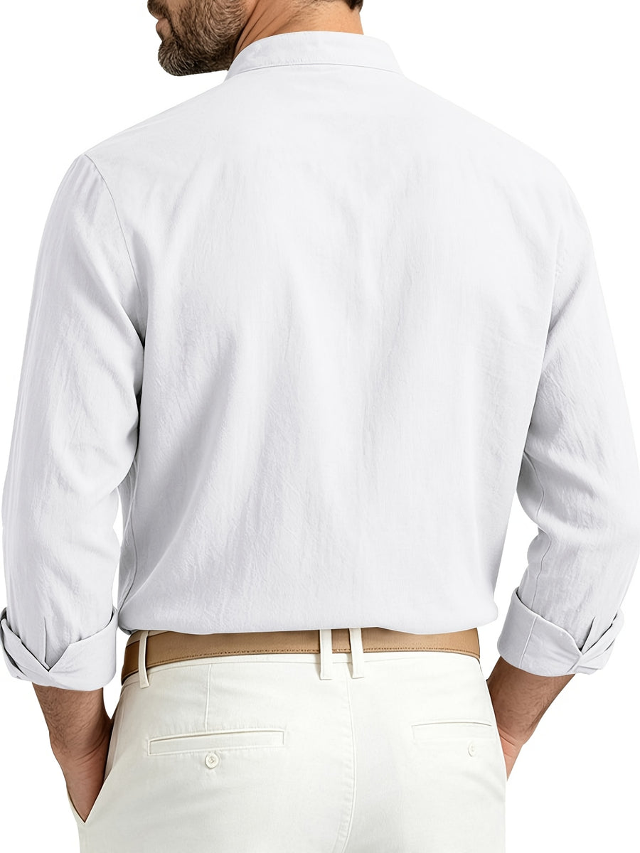 Men's Spring/Autumn Linen Loose-Fit Casual Simple Breathable Button-Front Roll-Up Sleeve Long-Sleeve Stand Collar Shirt - White