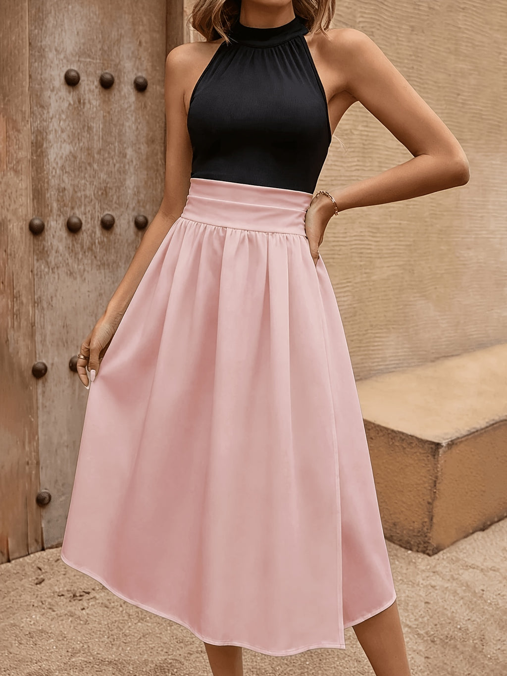 Printed Patchwork Wrap-Front Slit Maxi Dress for Women - Pink