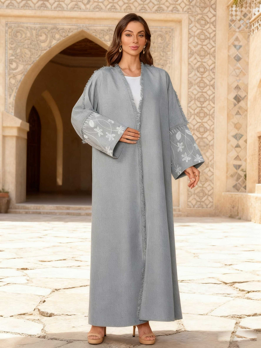 1pc Fashion Women's Elegant Floral Embroidered Cardigan Robe with Exquisite Embroidered Floral Pattern and Fringe Hem Design, Suitable for Daily Wear, Festive Gatherings, Arabic Style, Dignified Robe - Silvery Grey