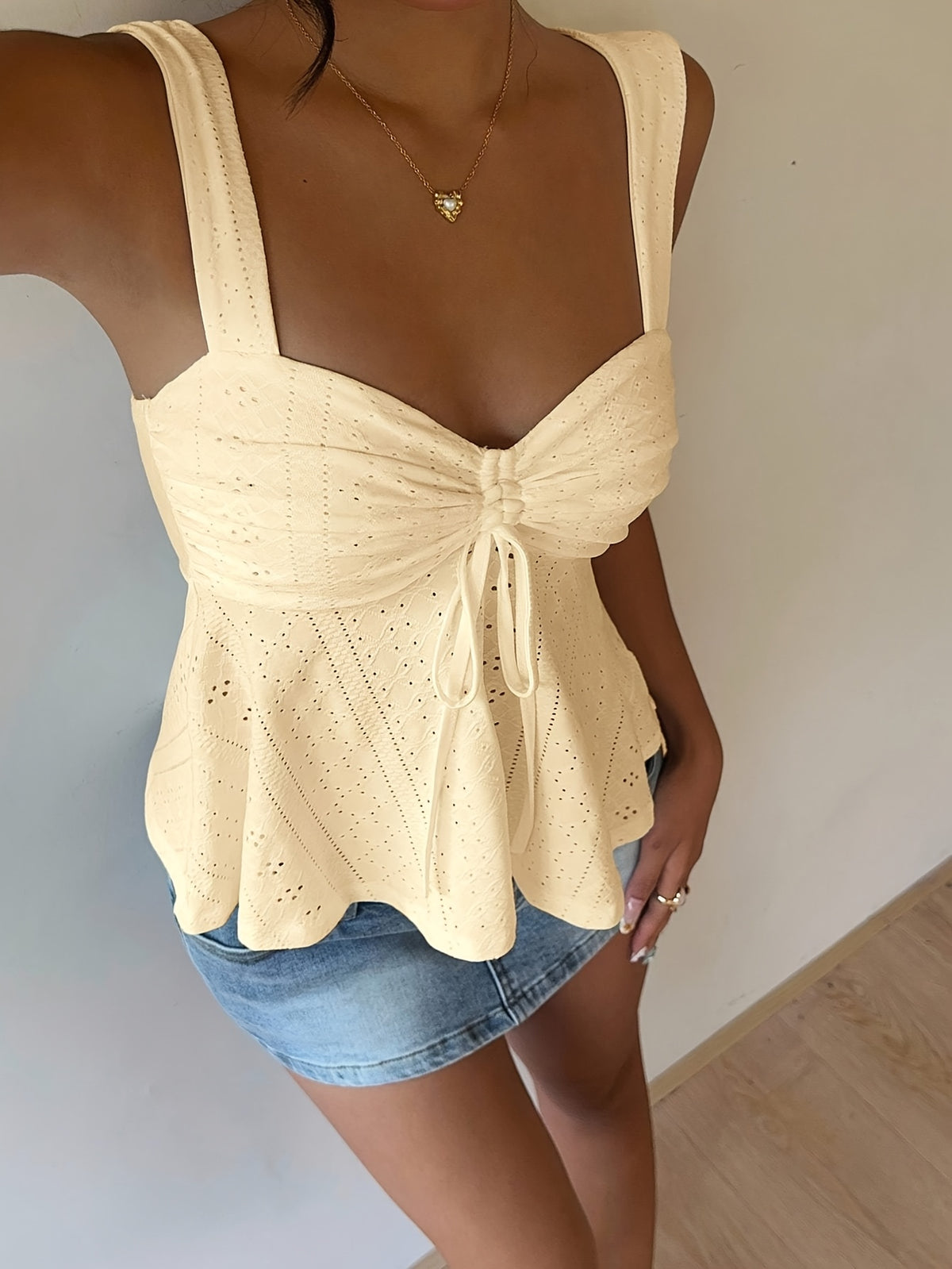 Women's Casual Drawstring Front Tie Camisole, Women's Outerwear Top, Vacation, Cute Top - 【Light Yellow】