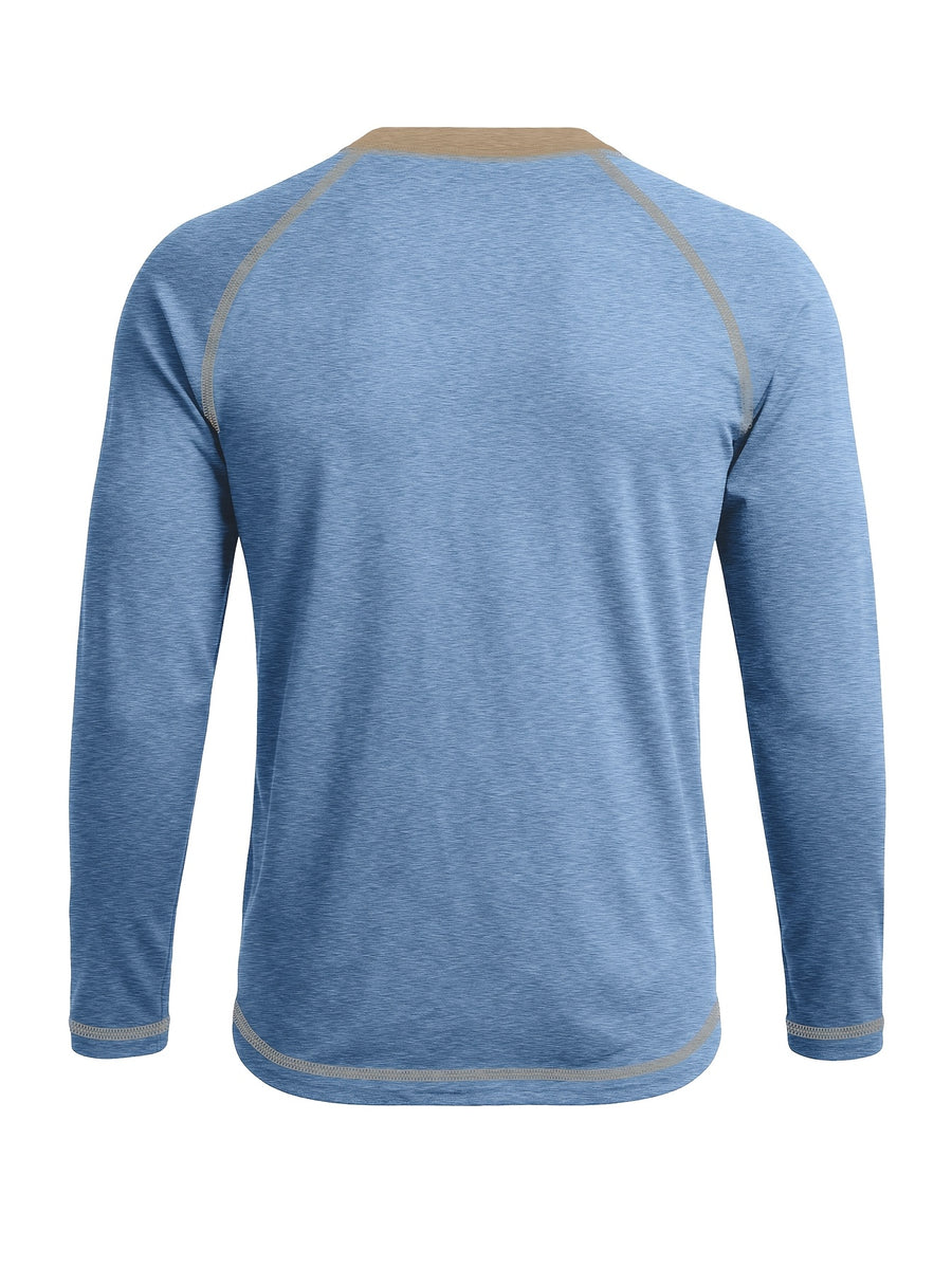 Cross-Border New Men'S Long Sleeve Round Neck T-Shirt, Outwardly Oriented Western Men'S Clothing Color-Blocked Top Base Layer - Light Blue