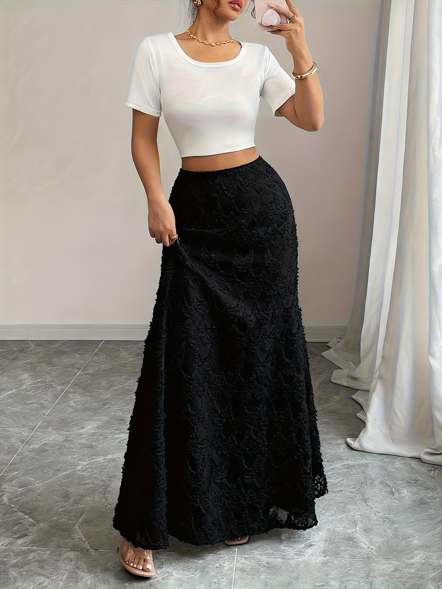 Elegant Women's Casual Solid Color Textured Fabric Lace Trim Skirt, Suitable for Parties - Black