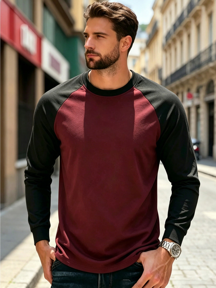 Men'S T-Shirt Casual New Daily Color-Block Long Sleeve Breathable Skin-Friendly Non-Sweaty Drop Shoulder Cut Visual Body Shaping Super Friendly Retro Contrast Design with Premium Aura Suitable for Sports Casual Daily Commuting Outdoor Activities Cas - Black+Maroon 2