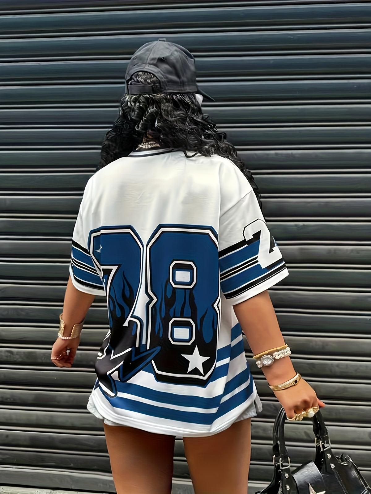 Women'S Top Casual Color-Block Striped Letter And Number Print Short Sleeve Women'S T-Shirt - Blue