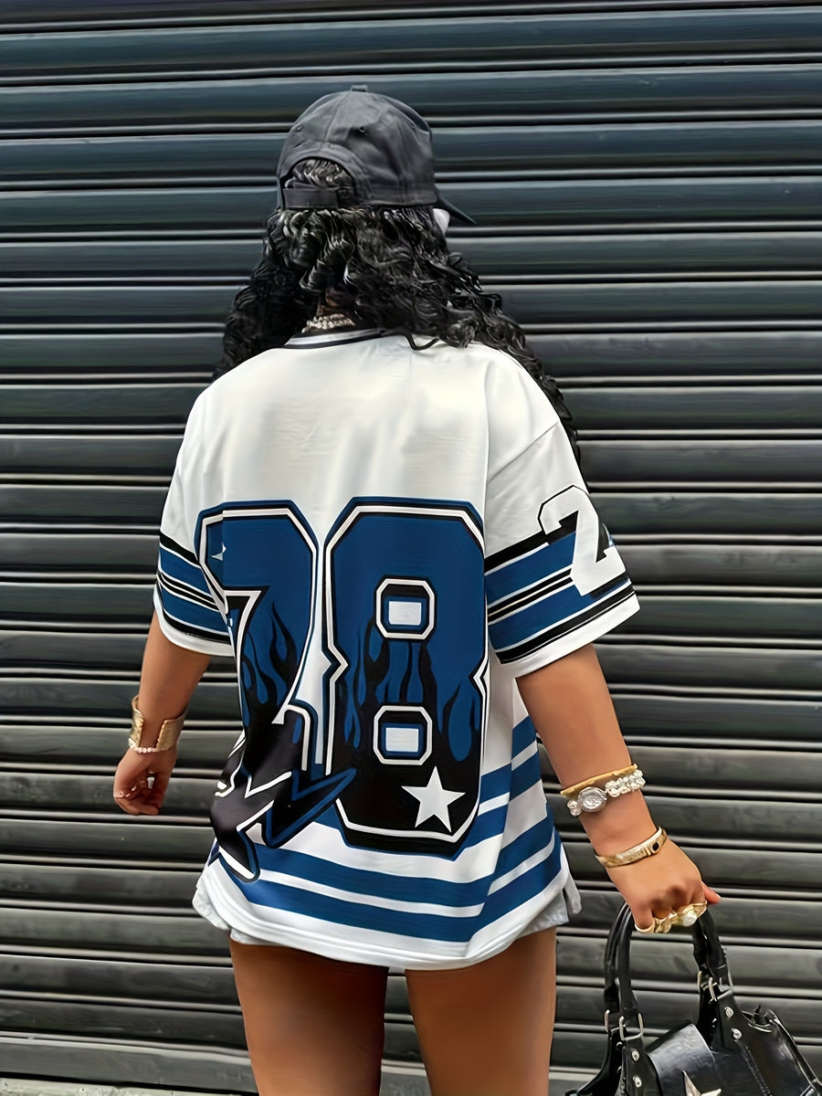 Women'S Top Casual Color-Block Striped Letter And Number Print Short Sleeve Women'S T-Shirt - Blue