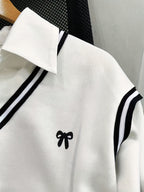 Ladies' Elegant Fashion Bow Print Striped Splicing Sweatshirt - White