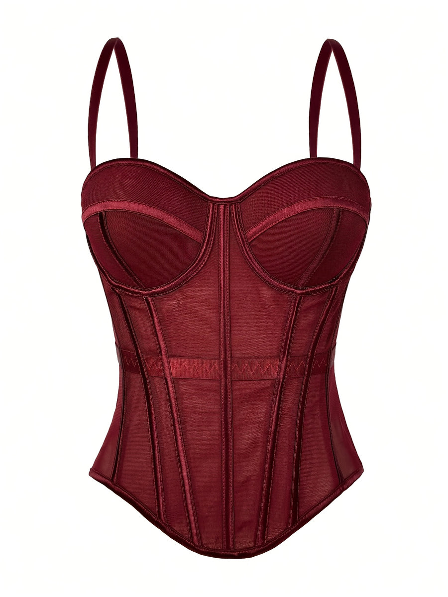 Elegant Mesh Sheer Fishbone Bustier, Tummy Control Shapewear Outerwear Elegant Tight Camisole Top, Stage Performance Strappy Top, Women'S Clothing - Burgundy