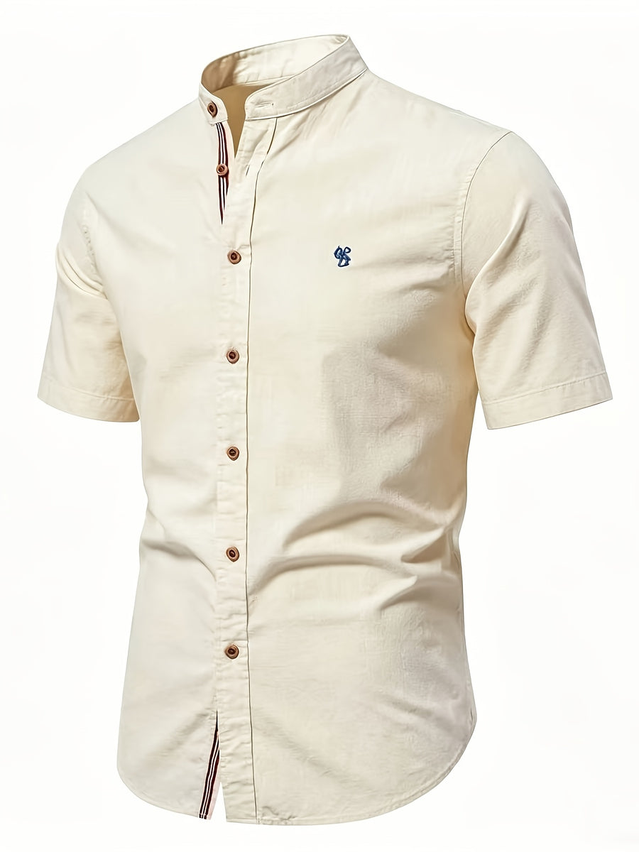 Men'S Stand-Up Collar Short Sleeve Shirt, High-Quality Solid Color Business Casual Top, Suitable for Spring Summer - Apricot
