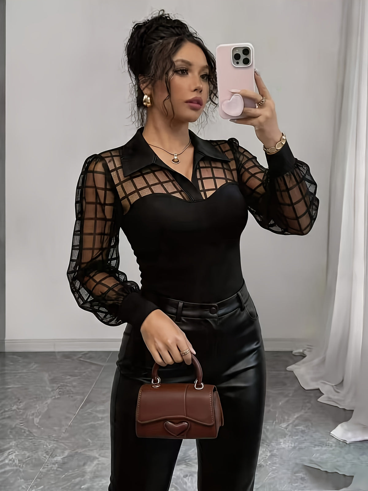 Targeted And Women'S Fashion Temperament Elegant Lapel Mesh Patchwork Long Sleeve Shirt T-Shirt - Black