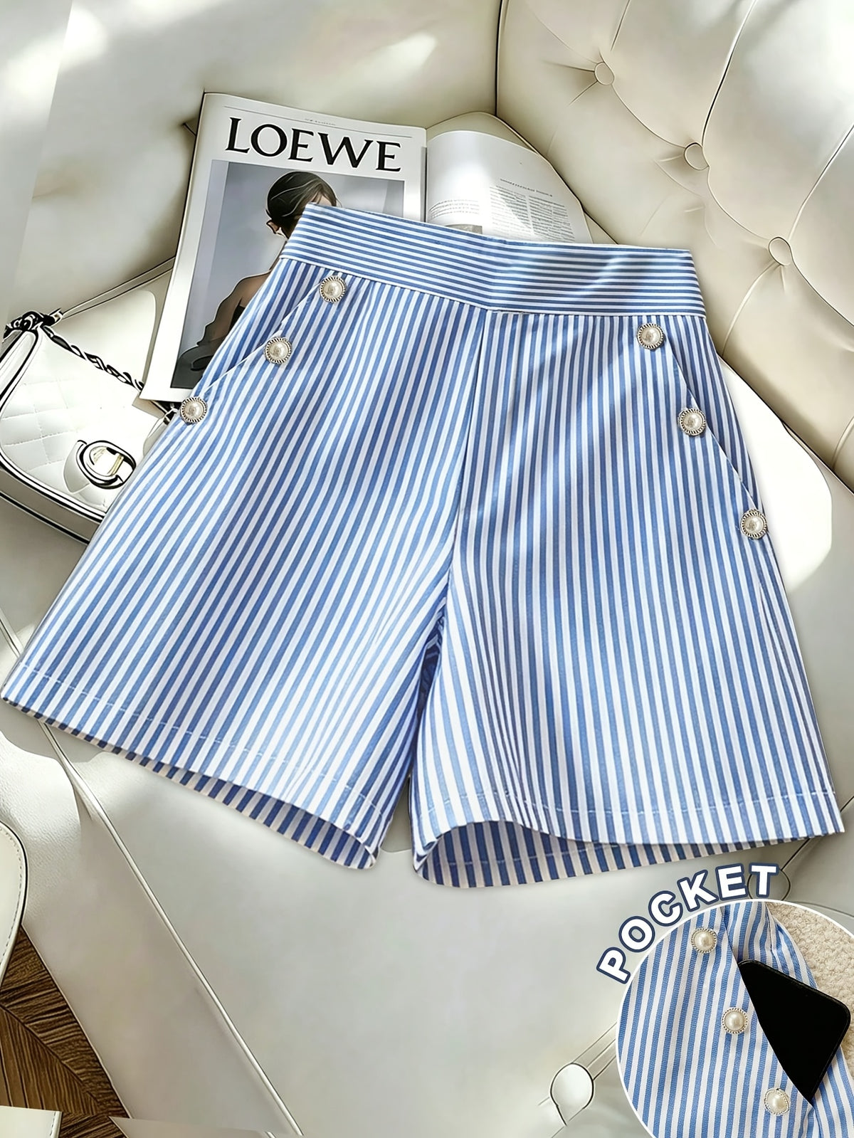 Women's Striped Button Pocket Shorts - Non-Stretch Casual Commuter Shorts with Button Closure Pockets, Striped Suitable for Spring Summer Fall, Machine Washable Shorts for Office, Casual Attire & Layering (No Elastic) - Blue