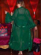 Plus Size French Sexy Mesh Lace Robe Set, Ruffled Cuffs Tie-Front Robe, Deep V Lace Bra High-Waist Tummy Control Lace Shorts, Home Casual Pajamas Lightweight Breathable Comfortable Atmospheric, Lace Lingerie 3pcs Set, Sexy Home Wear Set - Green
