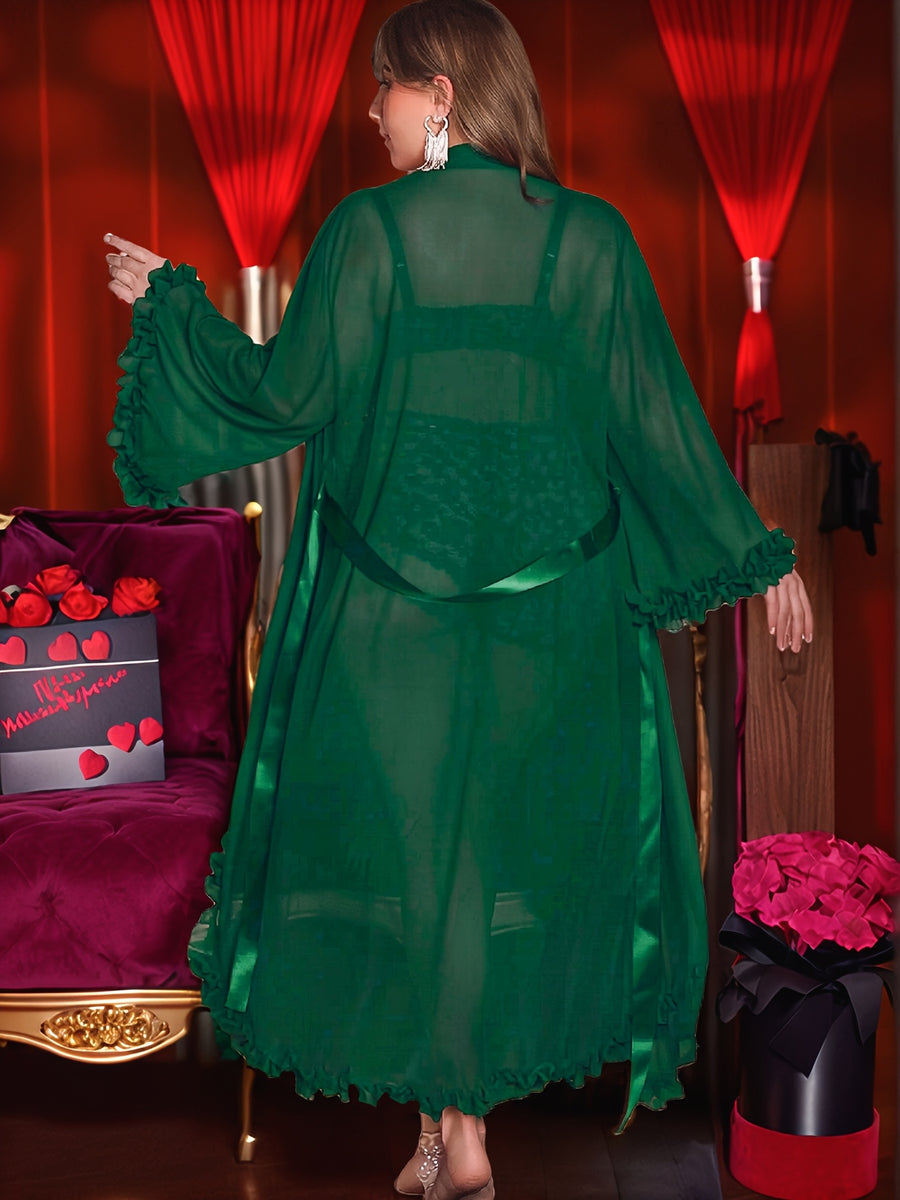 Plus Size French Sexy Mesh Lace Robe Set, Ruffled Cuffs Tie-Front Robe, Deep V Lace Bra High-Waist Tummy Control Lace Shorts, Home Casual Pajamas Lightweight Breathable Comfortable Atmospheric, Lace Lingerie 3pcs Set, Sexy Home Wear Set - Green