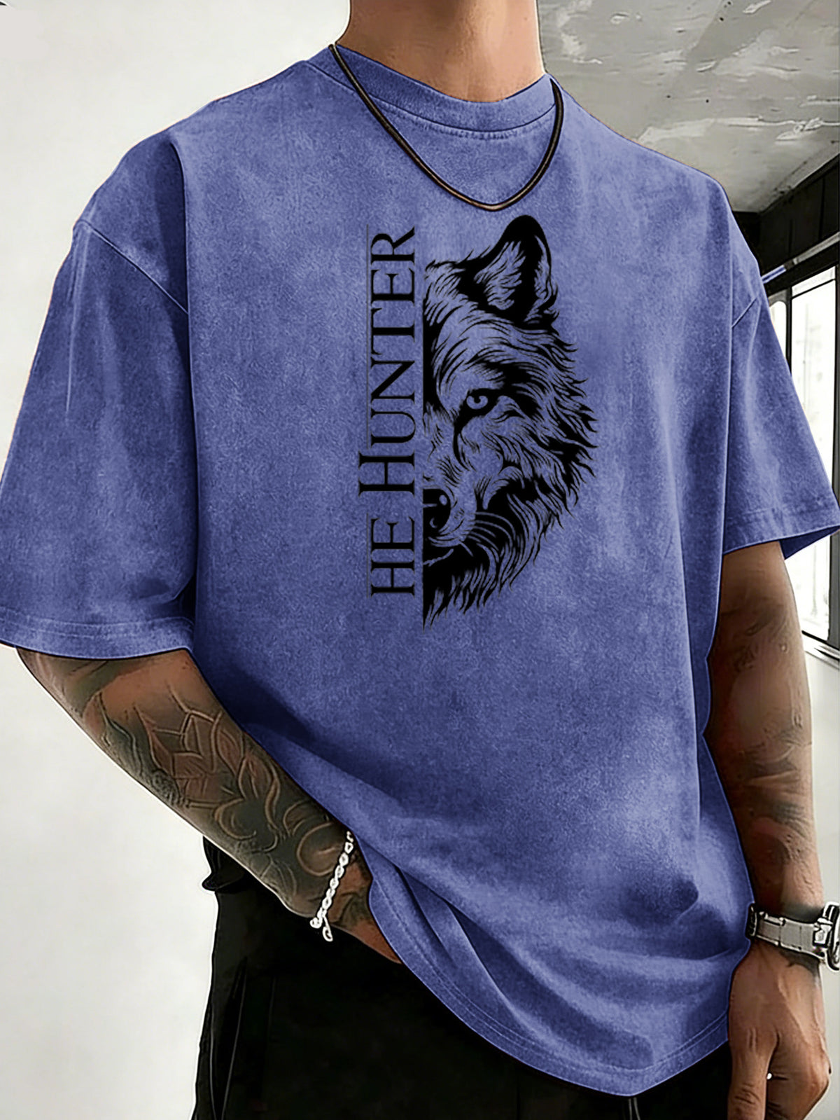 Vintage Washed Loose Double-Faced Print T-Shirt with Letter Pattern, Unisex Classic Basic Style, Soft And Durable Short Sleeve, Suitable for Students And Office Workers - Royal Blue