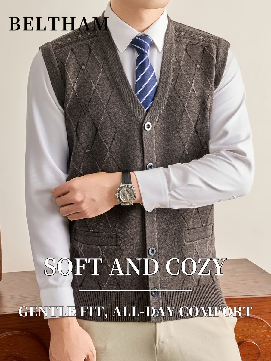 New Autumn Winter Men Thick Knit Vest, Ideal Gift for Dad And Husband, Knit Waistcoat with Pockets, Warm Cold Resistant Soft Comfortable Sweater Vest, Minimal Elegant Versatile Top for Daily Casual Business Sports Camping Wear - Camel