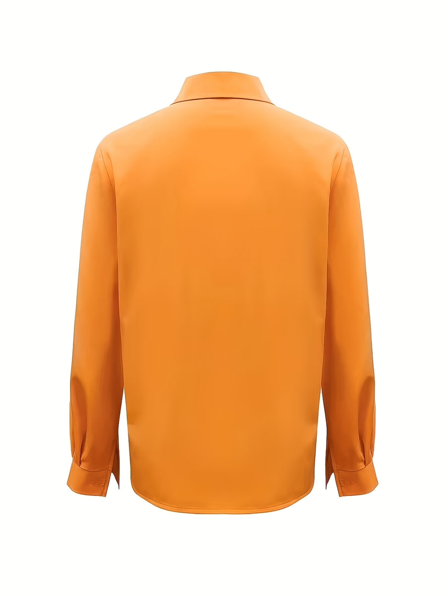 Elegant Off-Shoulder Color-Blocked Tie Long-Sleeve Blouse for Women'S Commuting: Spring Outfit Ideas, Summer Wardrobe - Orange-Red