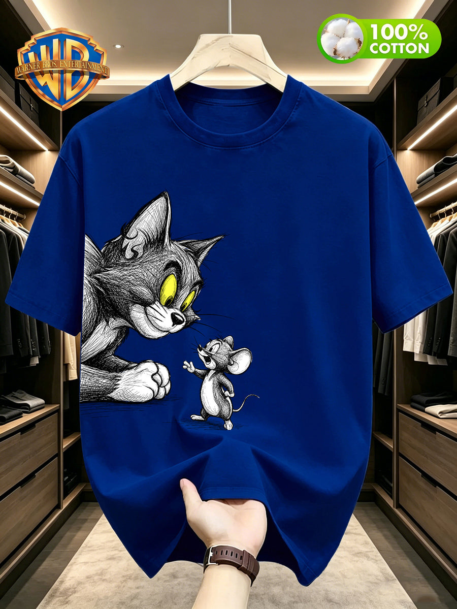 Warner Bros Official Summer New Arrival 100% T-Shirt, Casual and Stylish Men's Short Sleeve Tee with Scrawled Line Art Cartoon Print, Soft and Comfortable Men's T-Shirt, Machine Washable Men's Top, Suitable for Home Leisure, Campus, Daily Commuting - Royal Blue