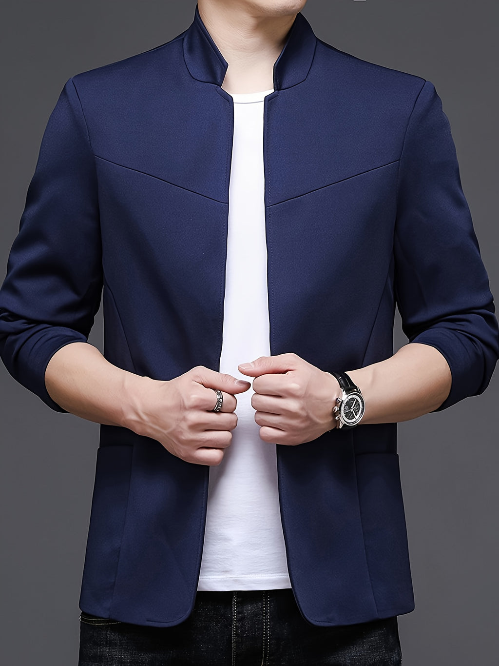 Men's New Spring/Autumn Trendy Mid-Life Stand Collar Blazer Jacket - Navy Color