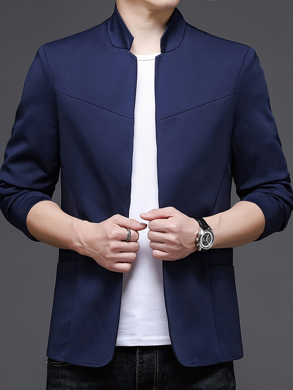 Men's New Spring/Autumn Trendy Mid-Life Stand Collar Blazer Jacket - Navy Color