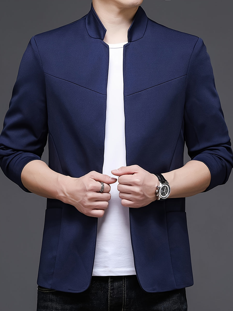 Men's New Spring/Autumn Trendy Mid-Life Stand Collar Blazer Jacket - Navy Color
