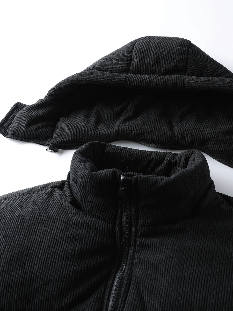 2025 New Winter Removable Hood Jacket Men'S Casual Print Hooded Coat Thickened Trendy Top Outerwear Men - Black
