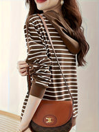 Spring/Autumn Women'S Casual Fashion Hooded Striped Top - Coffee Color