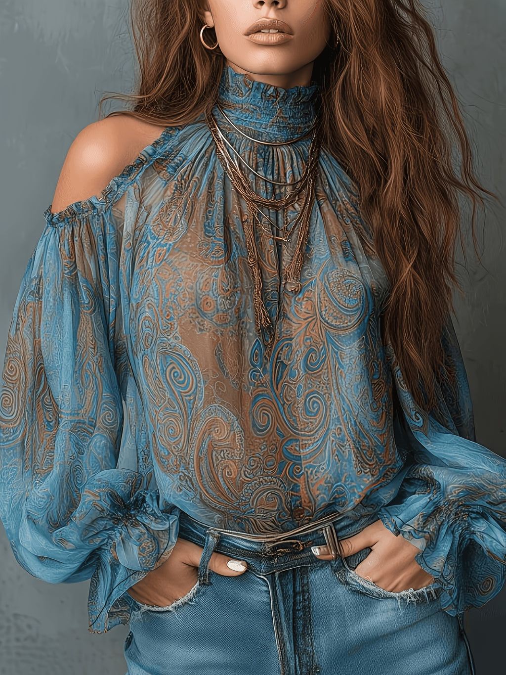 Women's Vintage Off-Shoulder Paisley Pattern Shirt Top - Blue