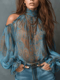 Women's Vintage Off-Shoulder Paisley Pattern Shirt Top - Blue