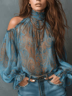 Women's Vintage Off-Shoulder Paisley Pattern Shirt Top - Blue